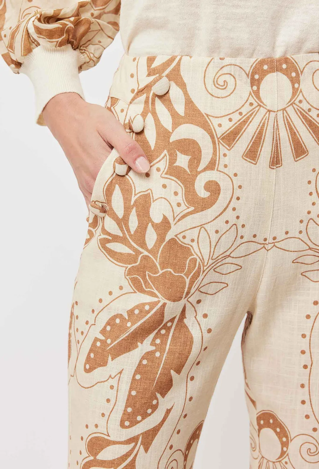 OnceWas Flores Linen Viscose Flared Pant In Arena del Sol