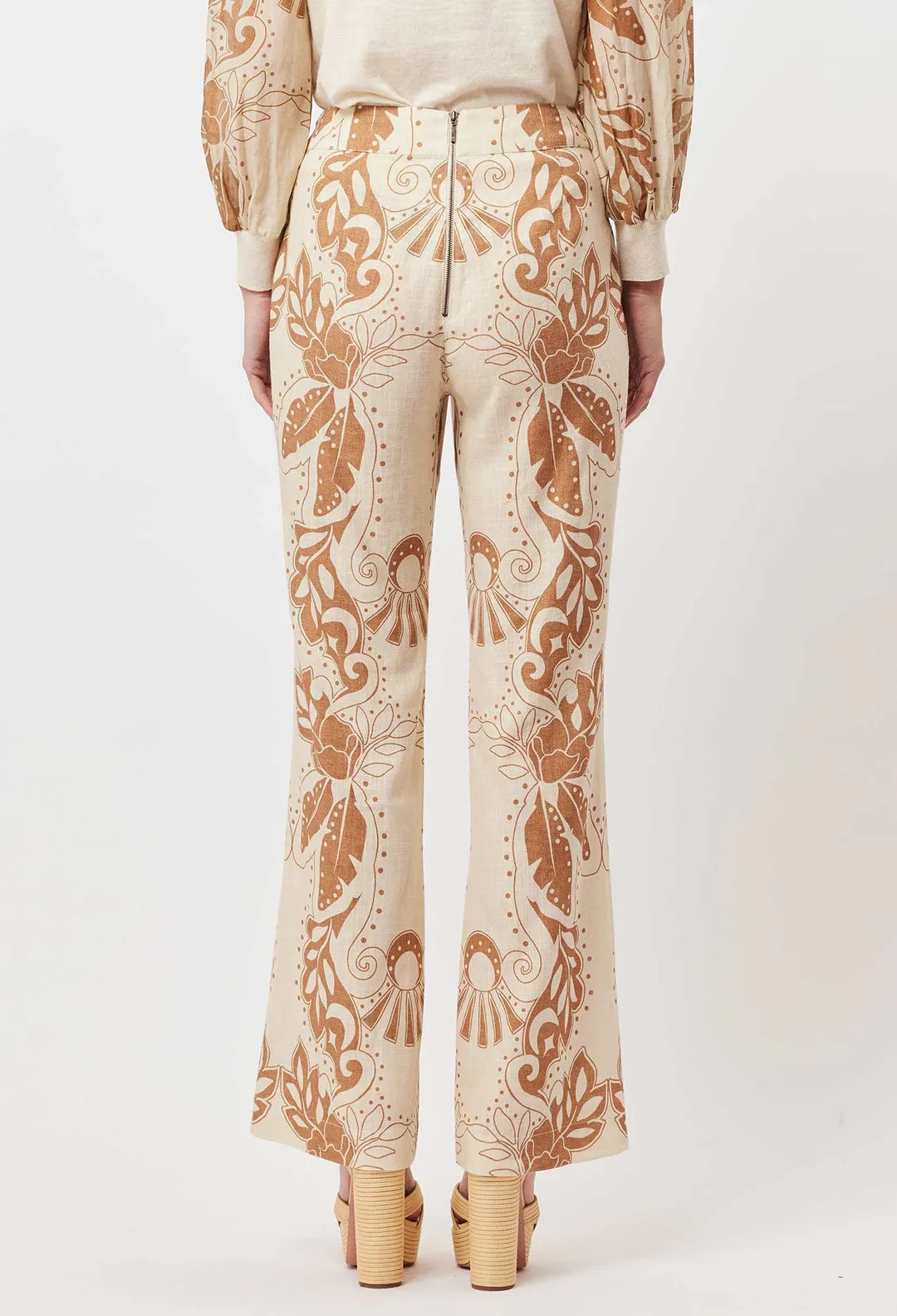 OnceWas Flores Linen Viscose Flared Pant In Arena del Sol