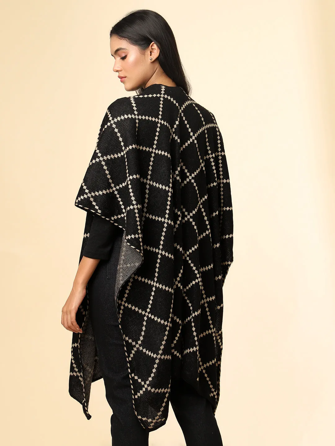 Open Front Checkered Knitted Shrug | Black