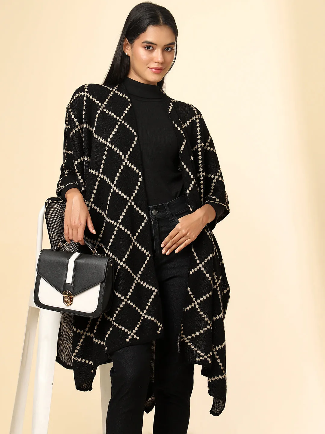 Open Front Checkered Knitted Shrug | Black