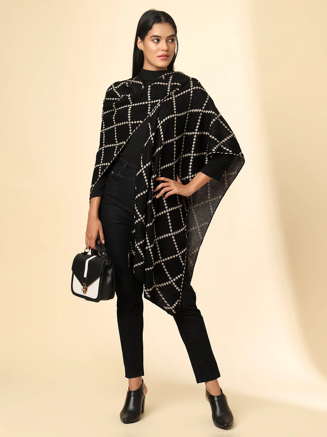 Open Front Checkered Knitted Shrug | Black