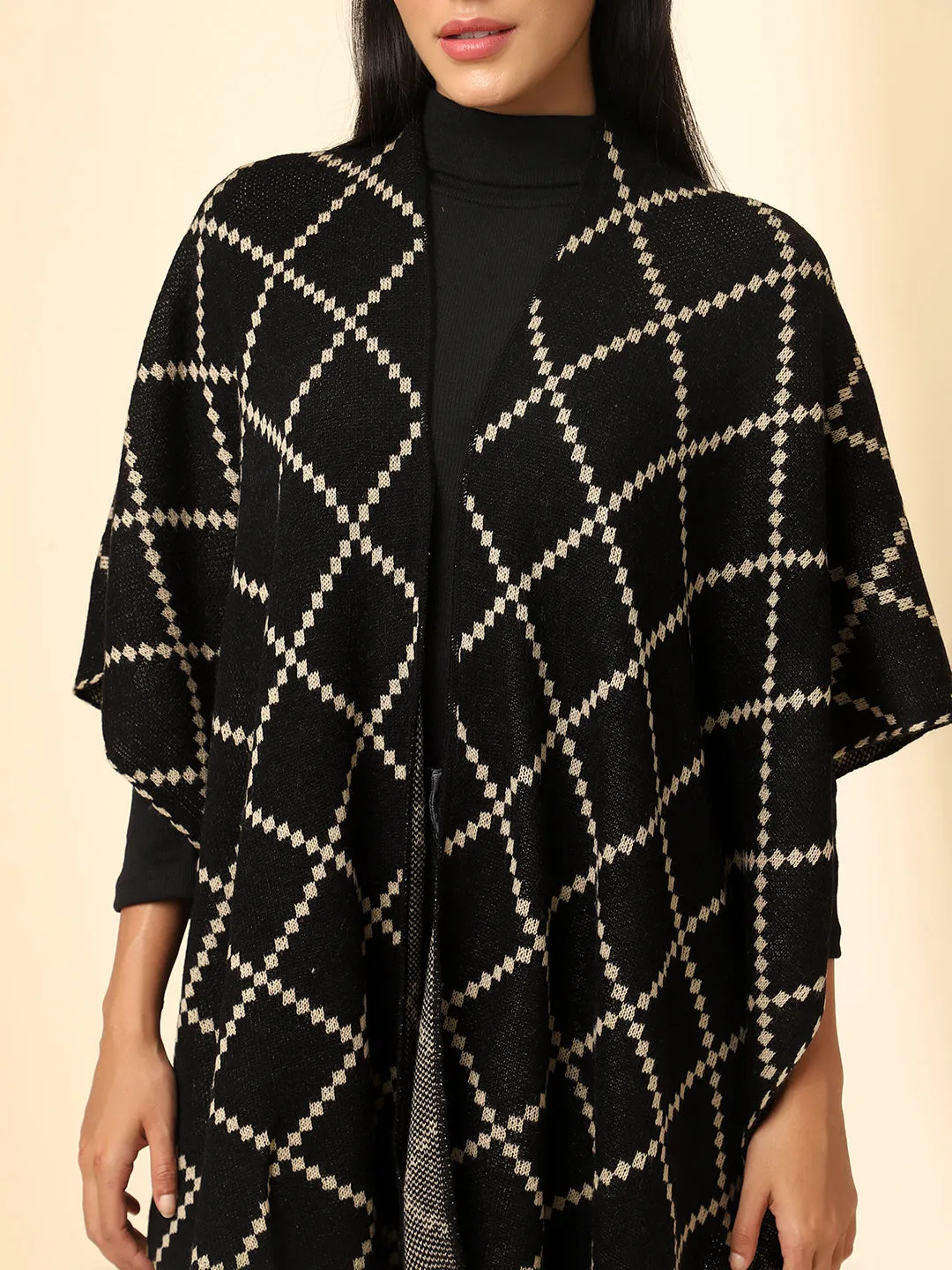 Open Front Checkered Knitted Shrug | Black