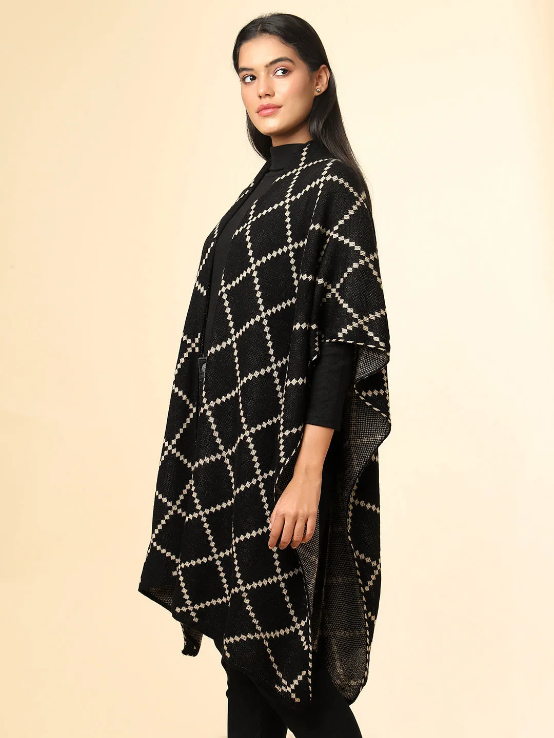 Open Front Checkered Knitted Shrug | Black