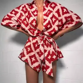 Red Print Bow Tie Jumpsuit