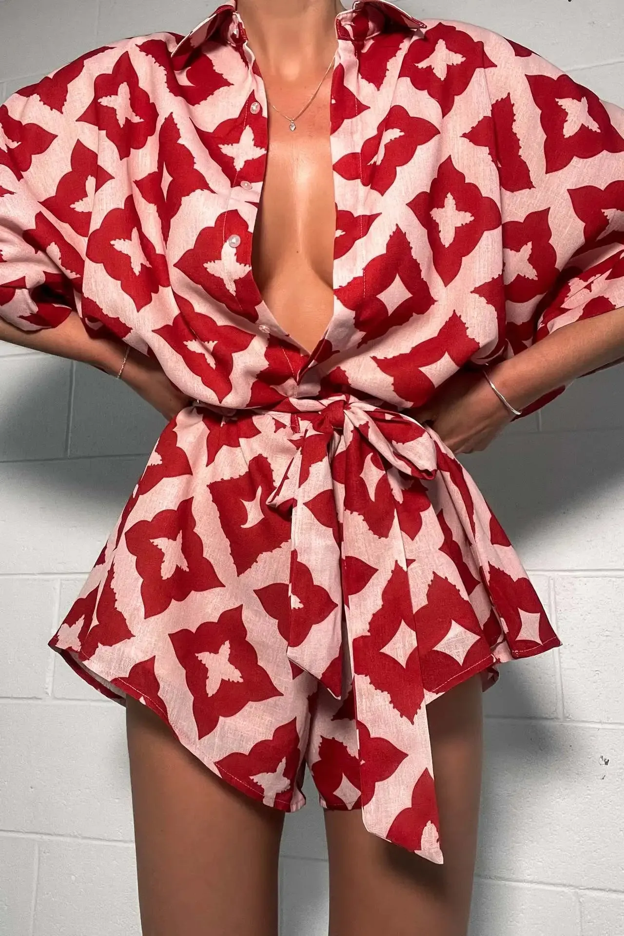 Red Print Bow Tie Jumpsuit
