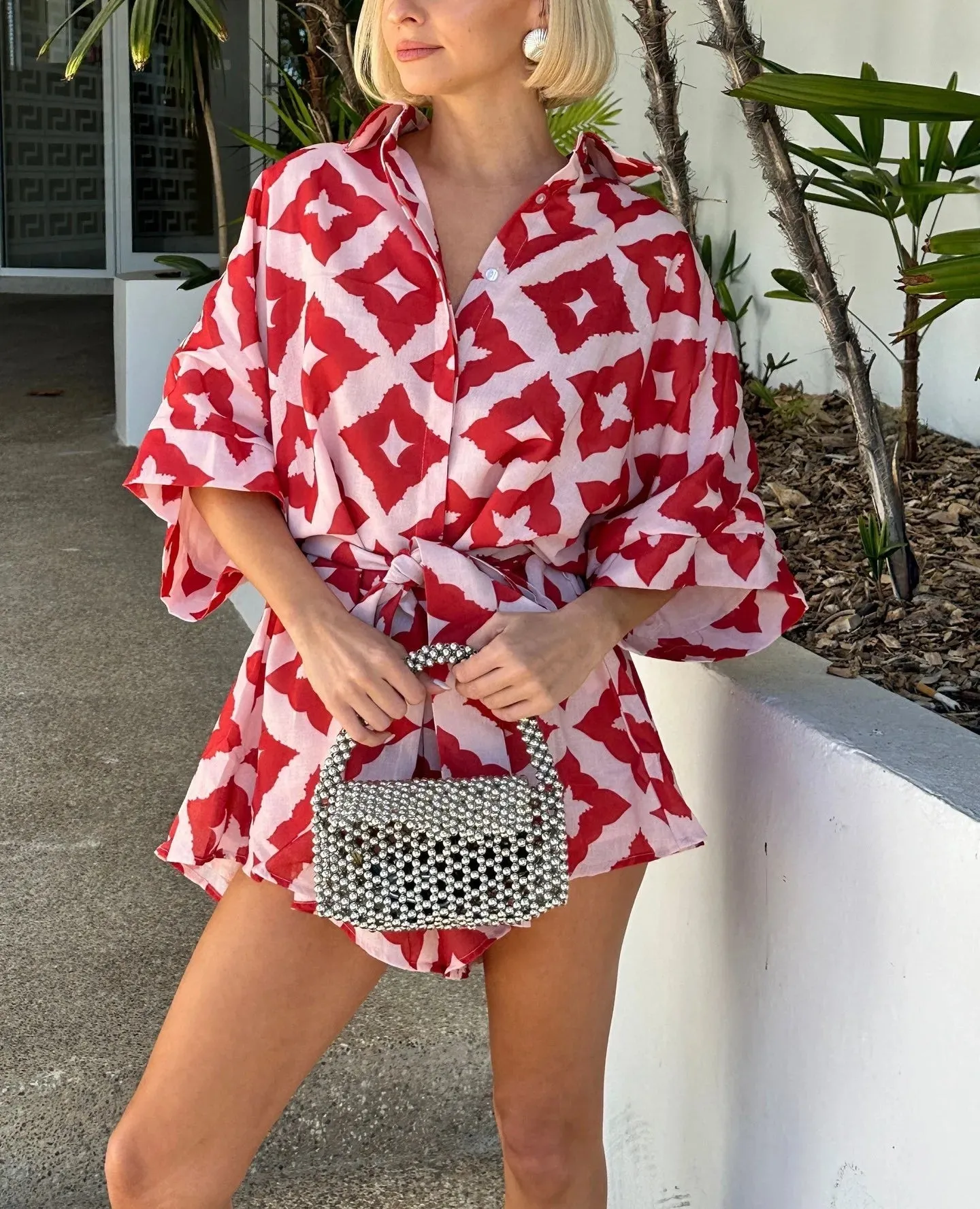 Red Print Bow Tie Jumpsuit