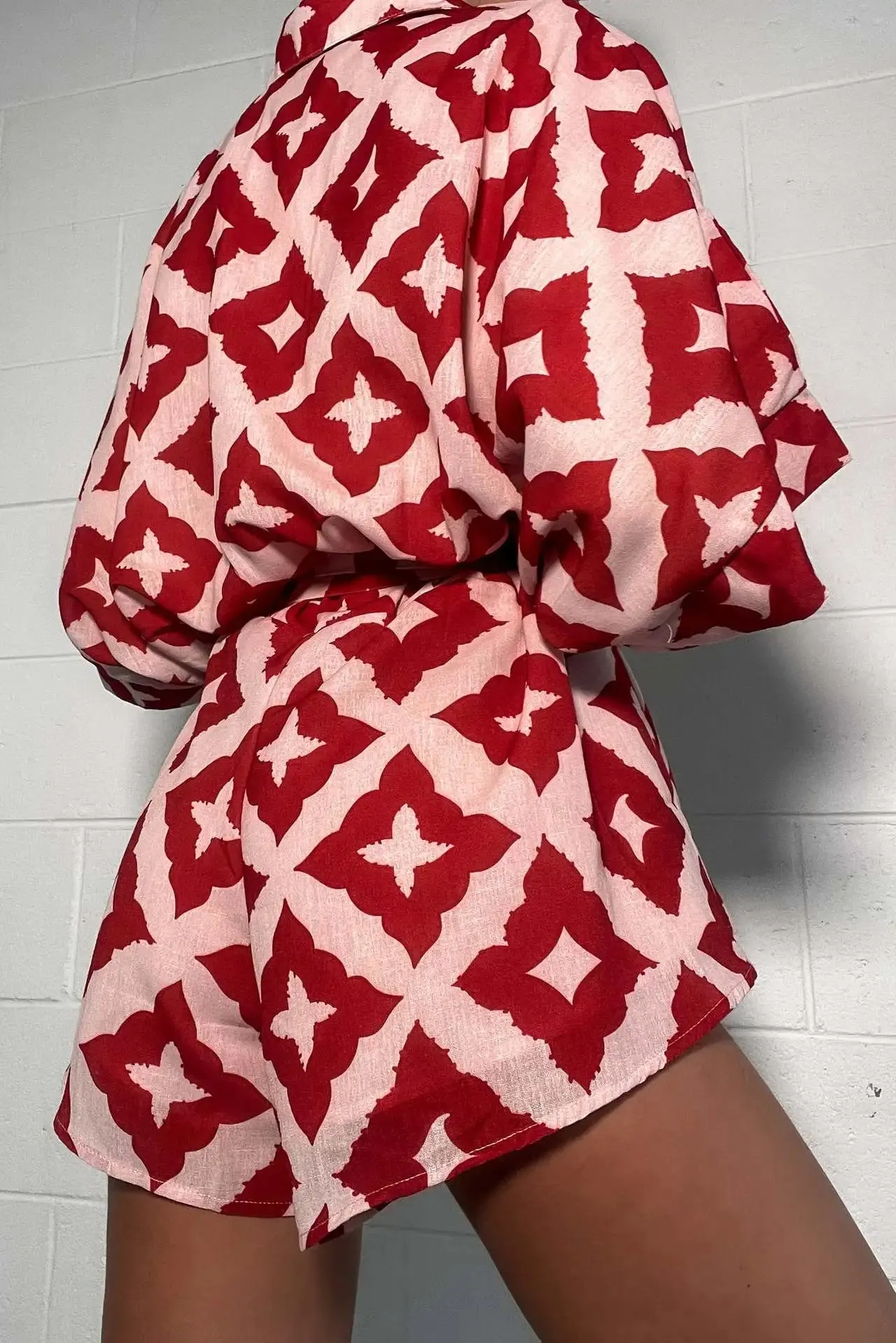 Red Print Bow Tie Jumpsuit