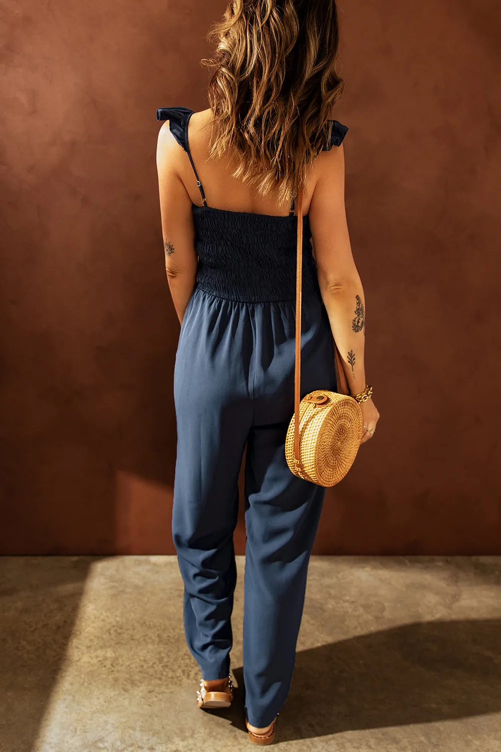 Ruffle Shoulder Smocked Pocket Jumpsuit