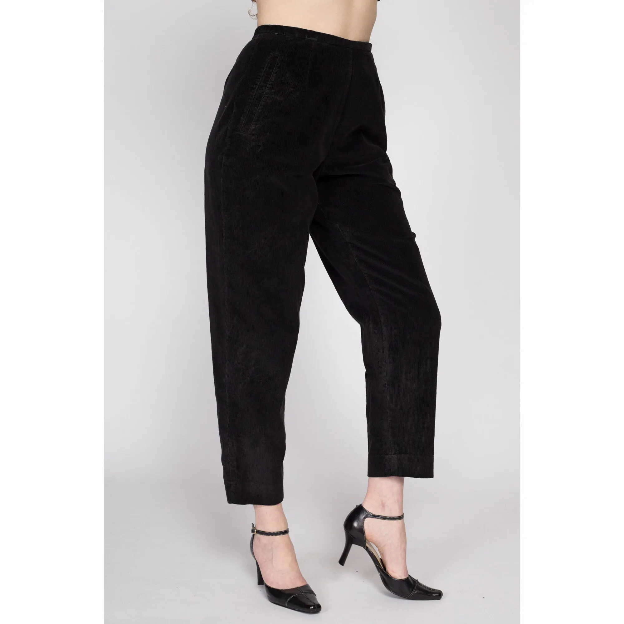 Small 80s Black Corduroy High Waisted Side Zip Pants 26"