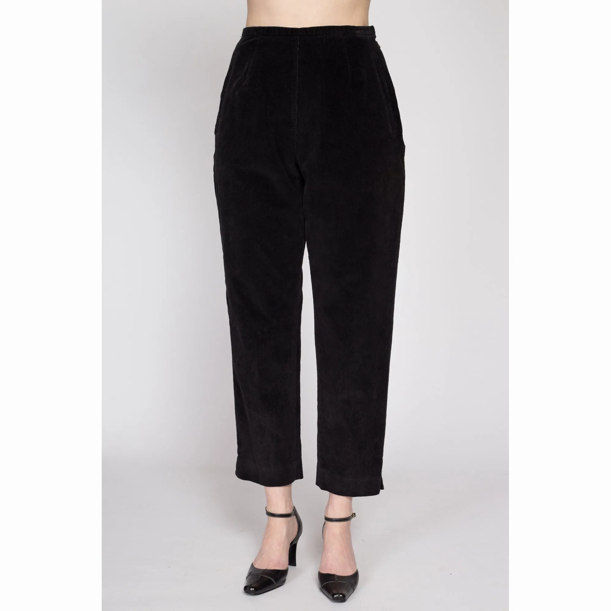 Small 80s Black Corduroy High Waisted Side Zip Pants 26"
