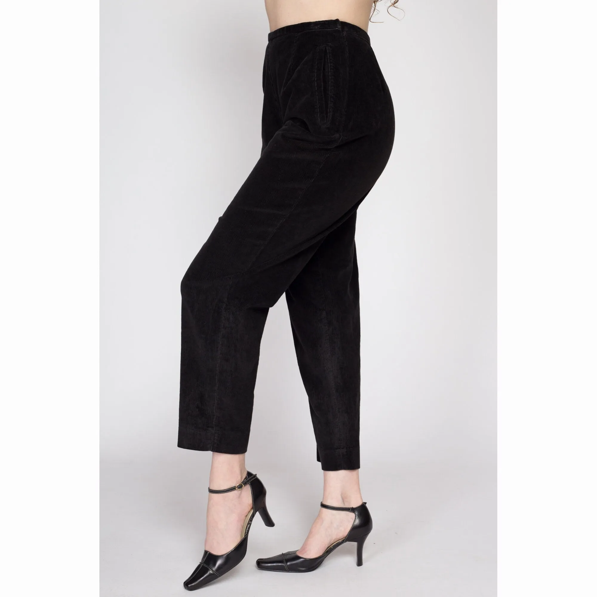 Small 80s Black Corduroy High Waisted Side Zip Pants 26"