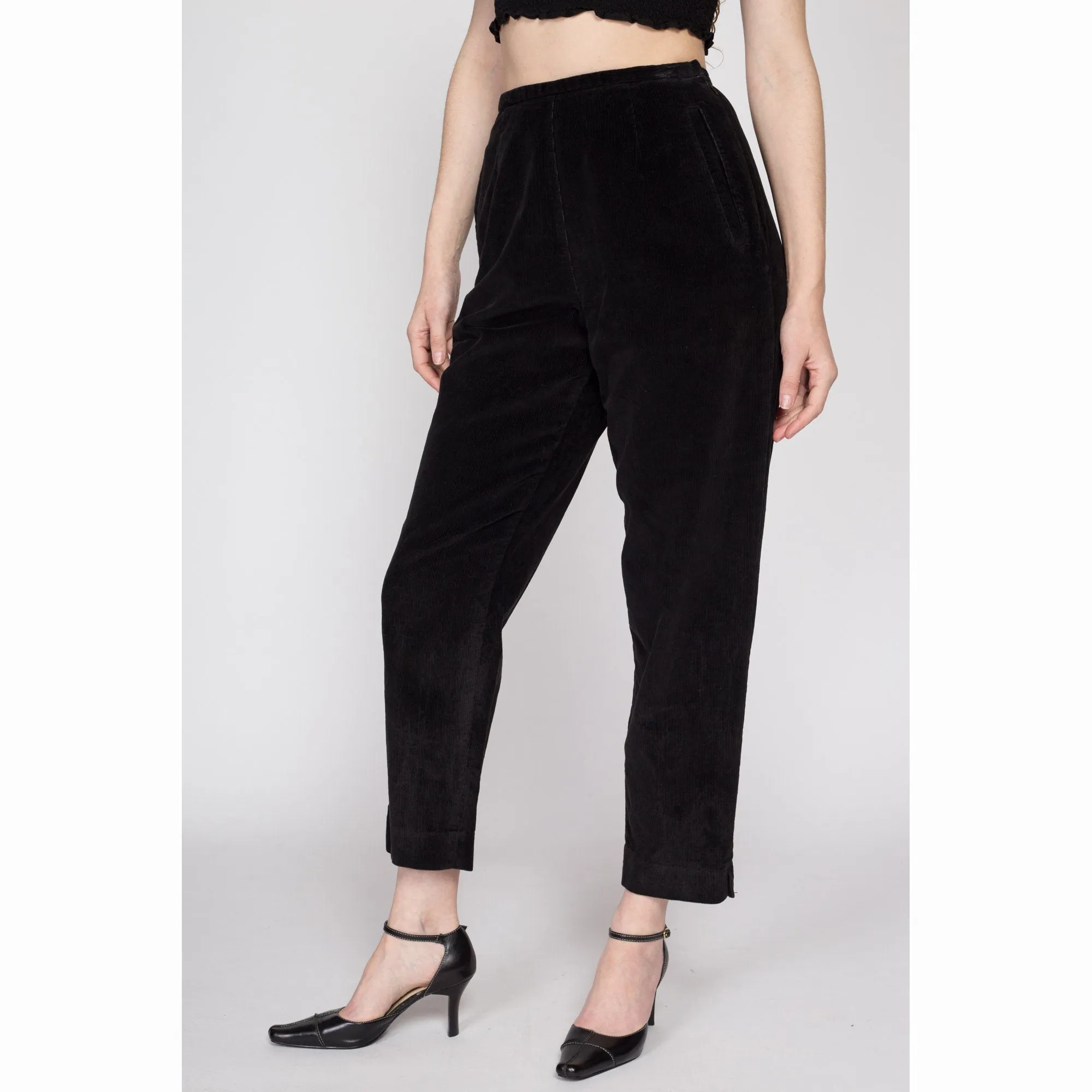 Small 80s Black Corduroy High Waisted Side Zip Pants 26"