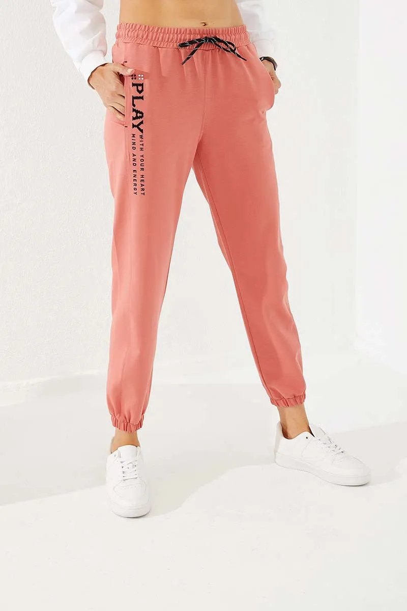 TMY Powder High Waist Embroidered Comfortable Fit Elastic Cuff Women's Sweatpants - 94573 - Mouscron