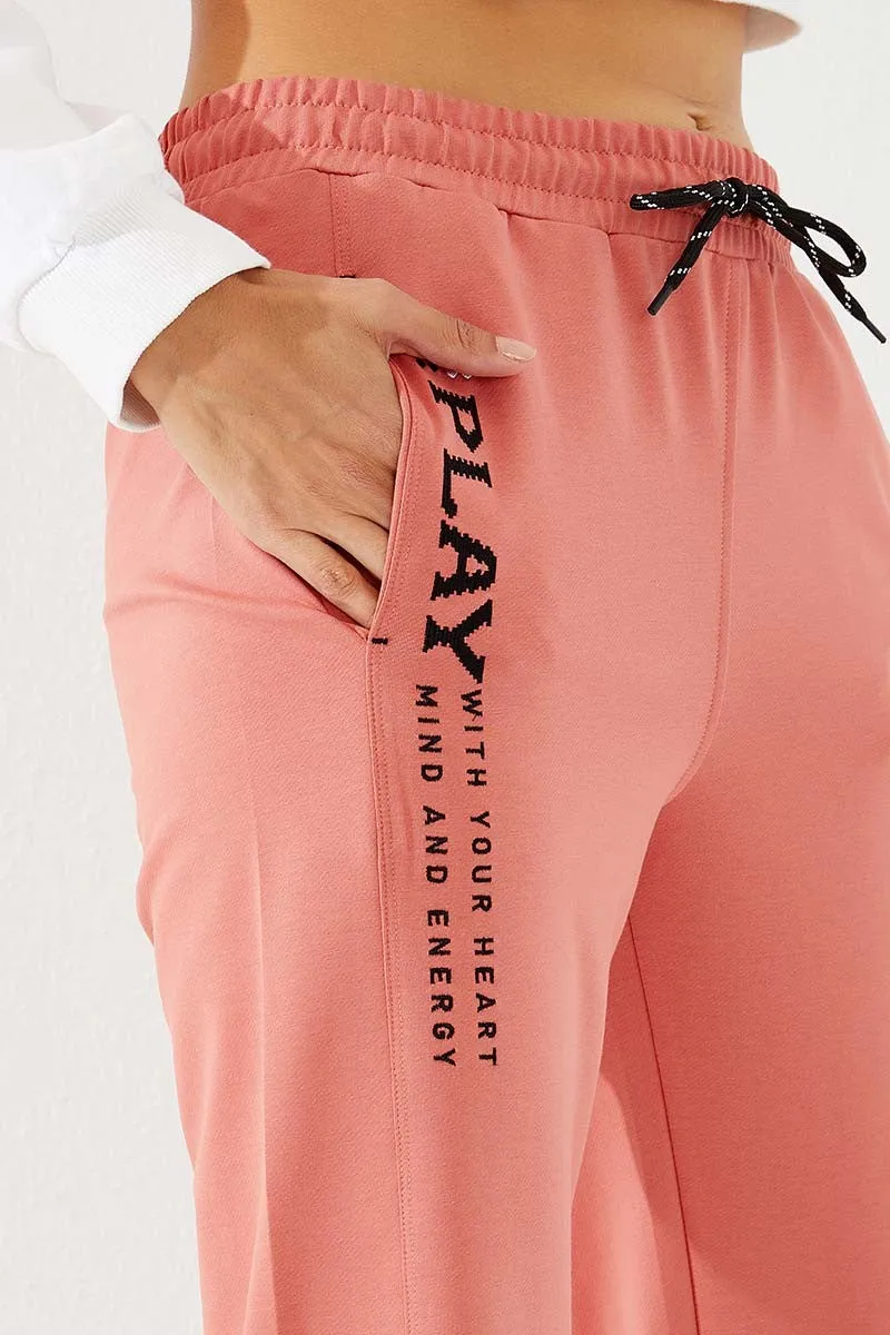 TMY Powder High Waist Embroidered Comfortable Fit Elastic Cuff Women's Sweatpants - 94573 - Mouscron