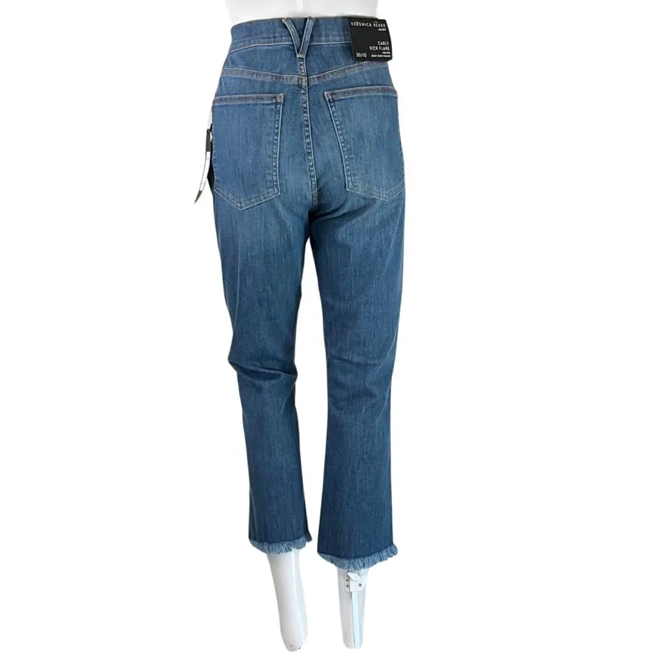 Veronica Beard Women's Carly Cropped Frayed High-rise Flared Jeans Blue Sz 30