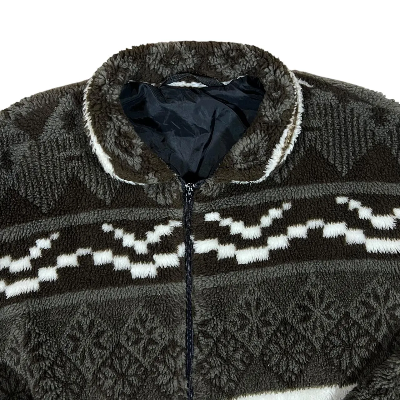 Vintage Crazy Fairisle Winter Patterned Lightly Padded Zip Fleece Sweatshirt Jacket