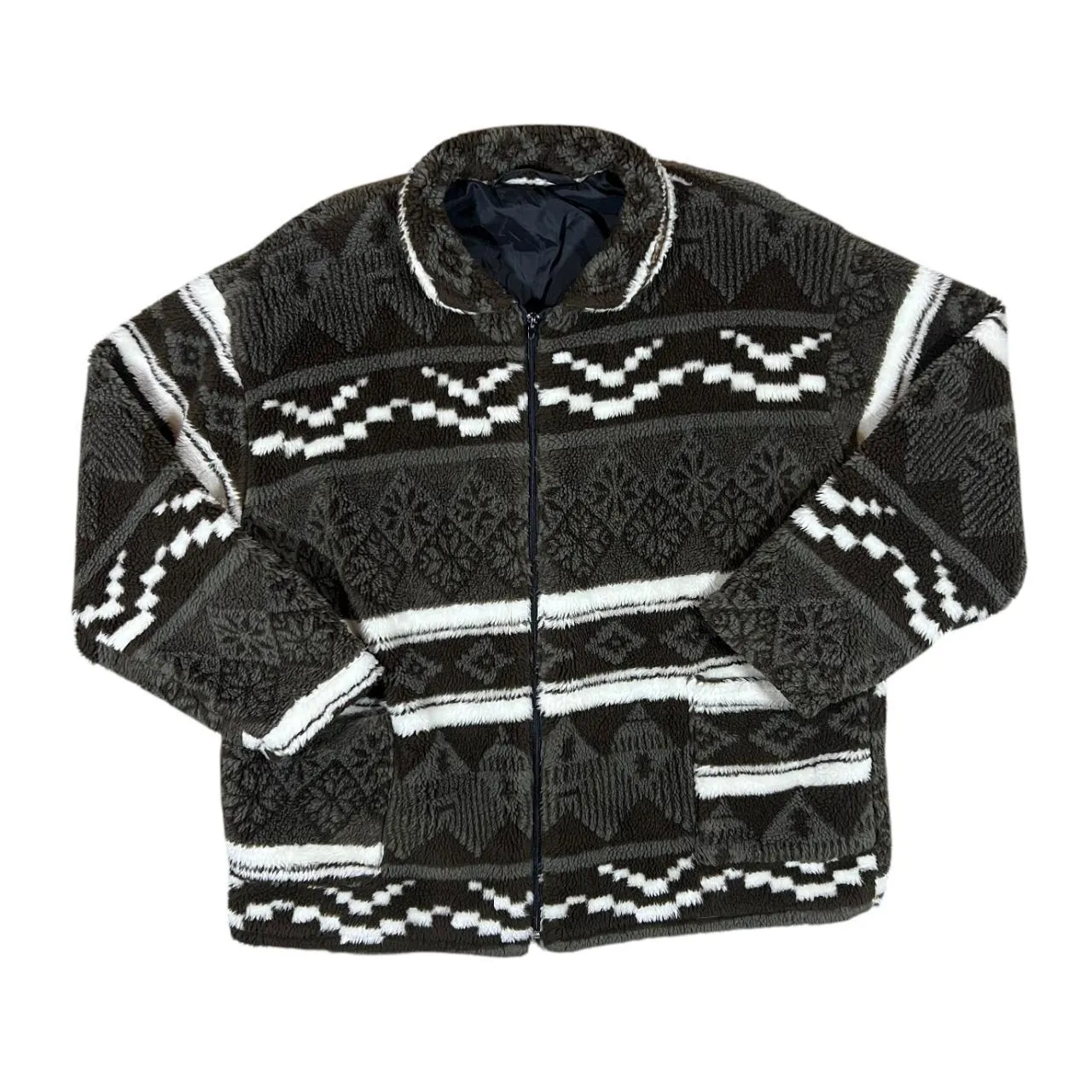 Vintage Crazy Fairisle Winter Patterned Lightly Padded Zip Fleece Sweatshirt Jacket