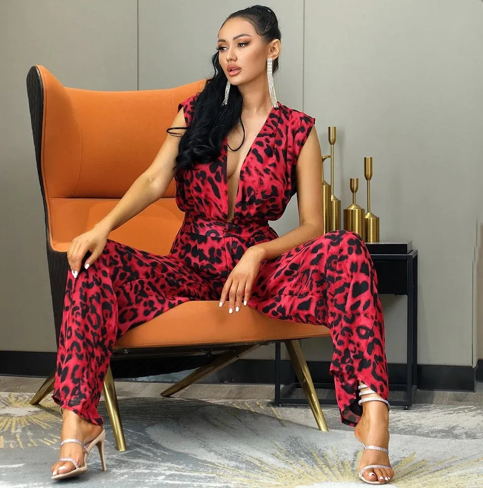 Watch Me Work Sexy Deep V-Neck Leopard Jumpsuit - Red/Black