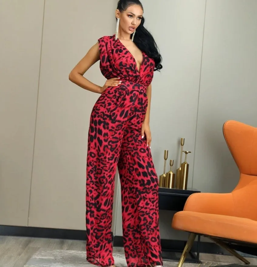 Watch Me Work Sexy Deep V-Neck Leopard Jumpsuit - Red/Black