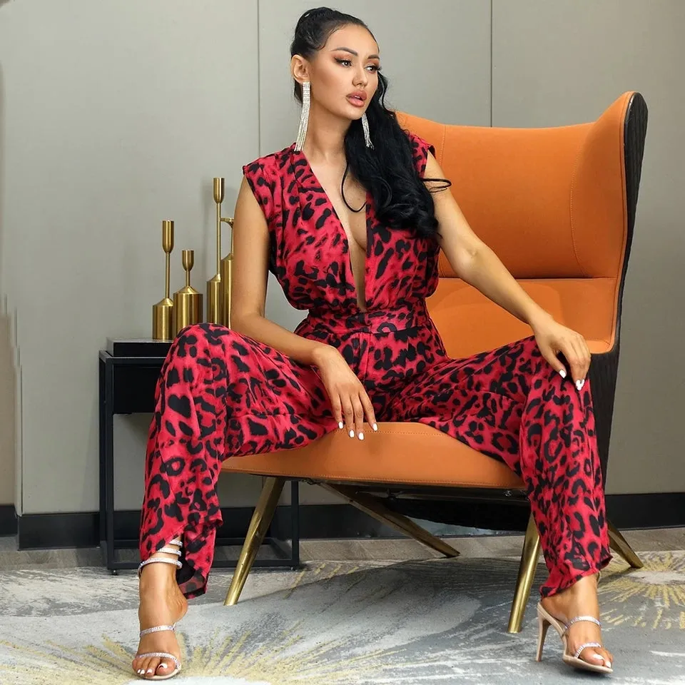 Watch Me Work Sexy Deep V-Neck Leopard Jumpsuit - Red/Black