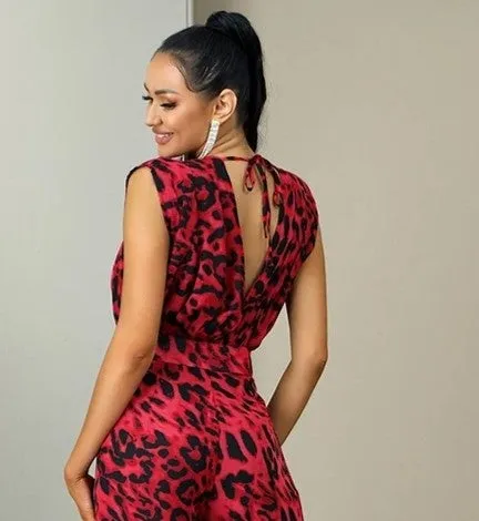 Watch Me Work Sexy Deep V-Neck Leopard Jumpsuit - Red/Black