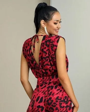 Watch Me Work Sexy Deep V-Neck Leopard Jumpsuit - Red/Black