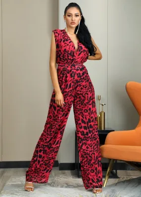 Watch Me Work Sexy Deep V-Neck Leopard Jumpsuit - Red/Black