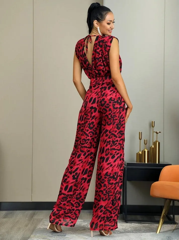 Watch Me Work Sexy Deep V-Neck Leopard Jumpsuit - Red/Black