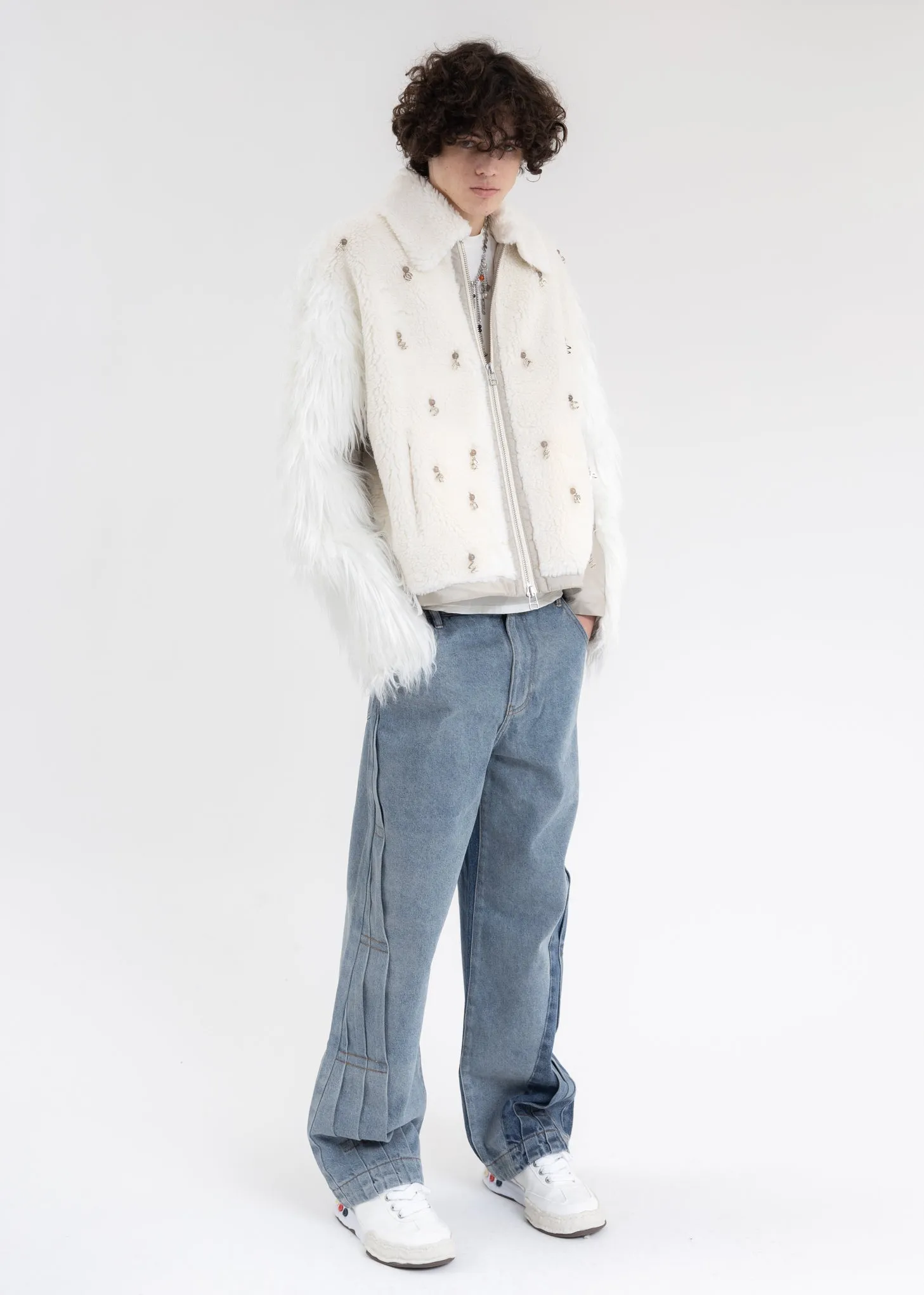 White Faux Fur Metal Embellishment Fleece Jacket