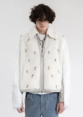 White Faux Fur Metal Embellishment Fleece Jacket