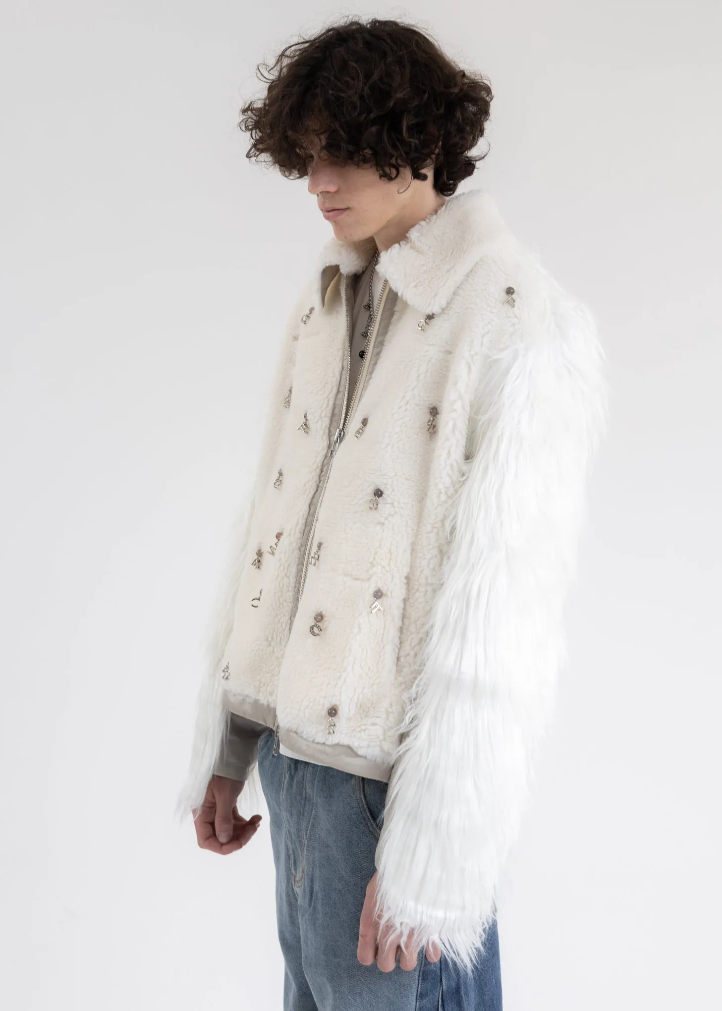 White Faux Fur Metal Embellishment Fleece Jacket