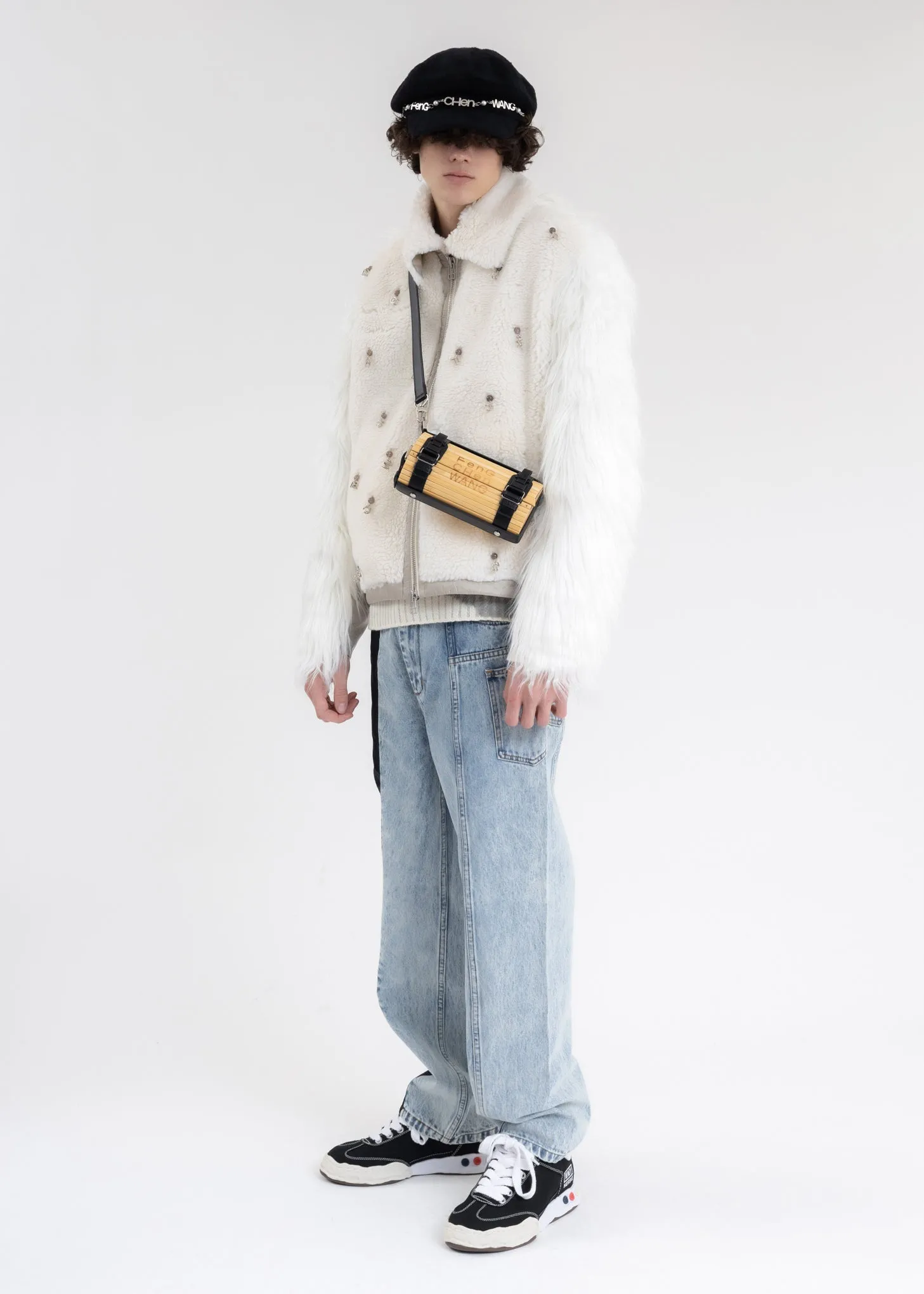 White Faux Fur Metal Embellishment Fleece Jacket
