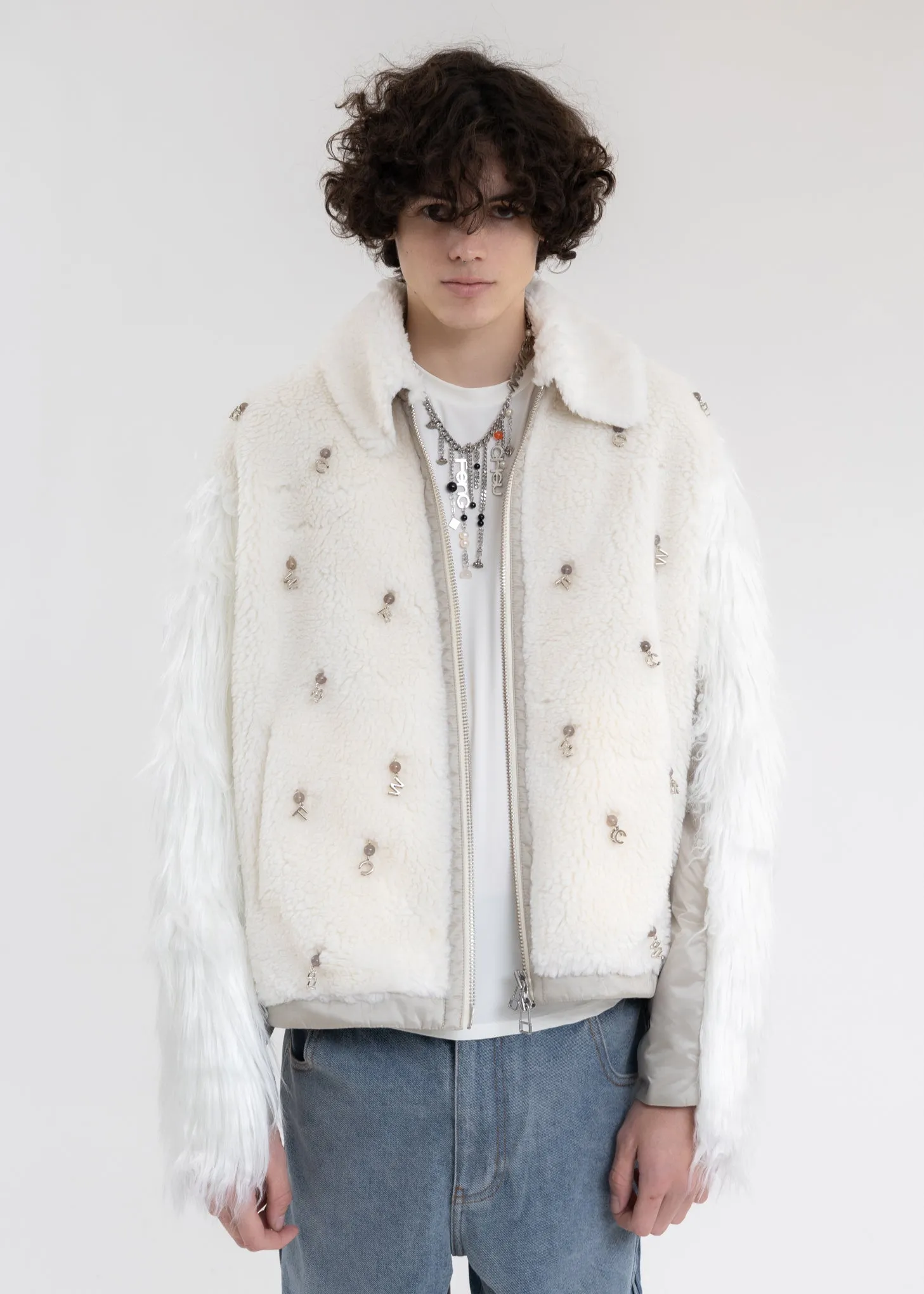 White Faux Fur Metal Embellishment Fleece Jacket
