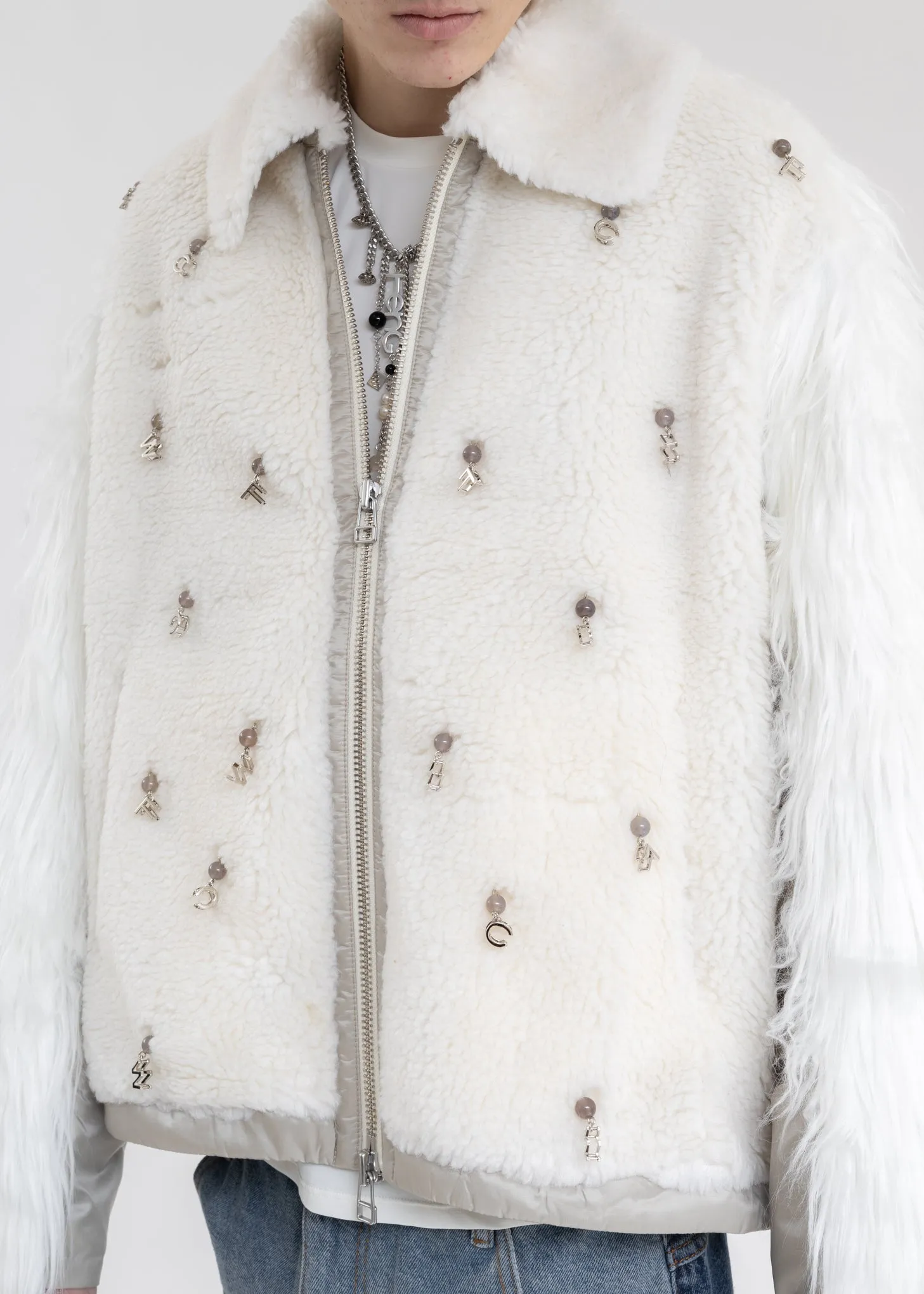 White Faux Fur Metal Embellishment Fleece Jacket