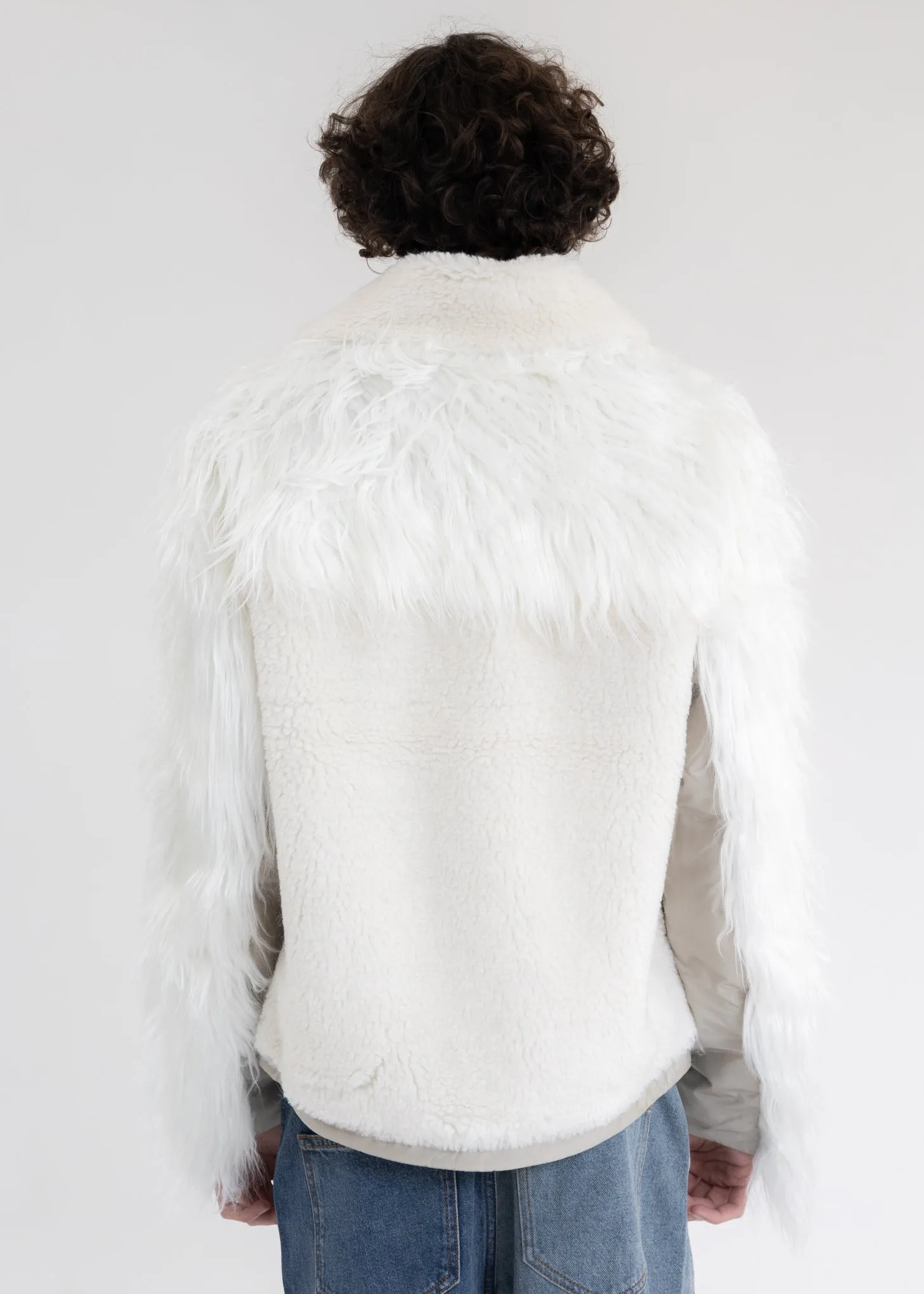 White Faux Fur Metal Embellishment Fleece Jacket