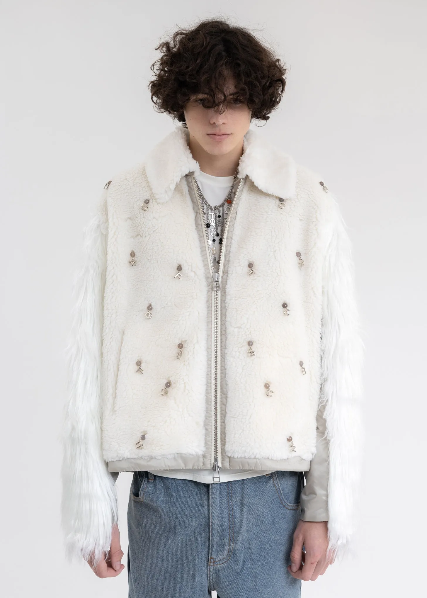 White Faux Fur Metal Embellishment Fleece Jacket