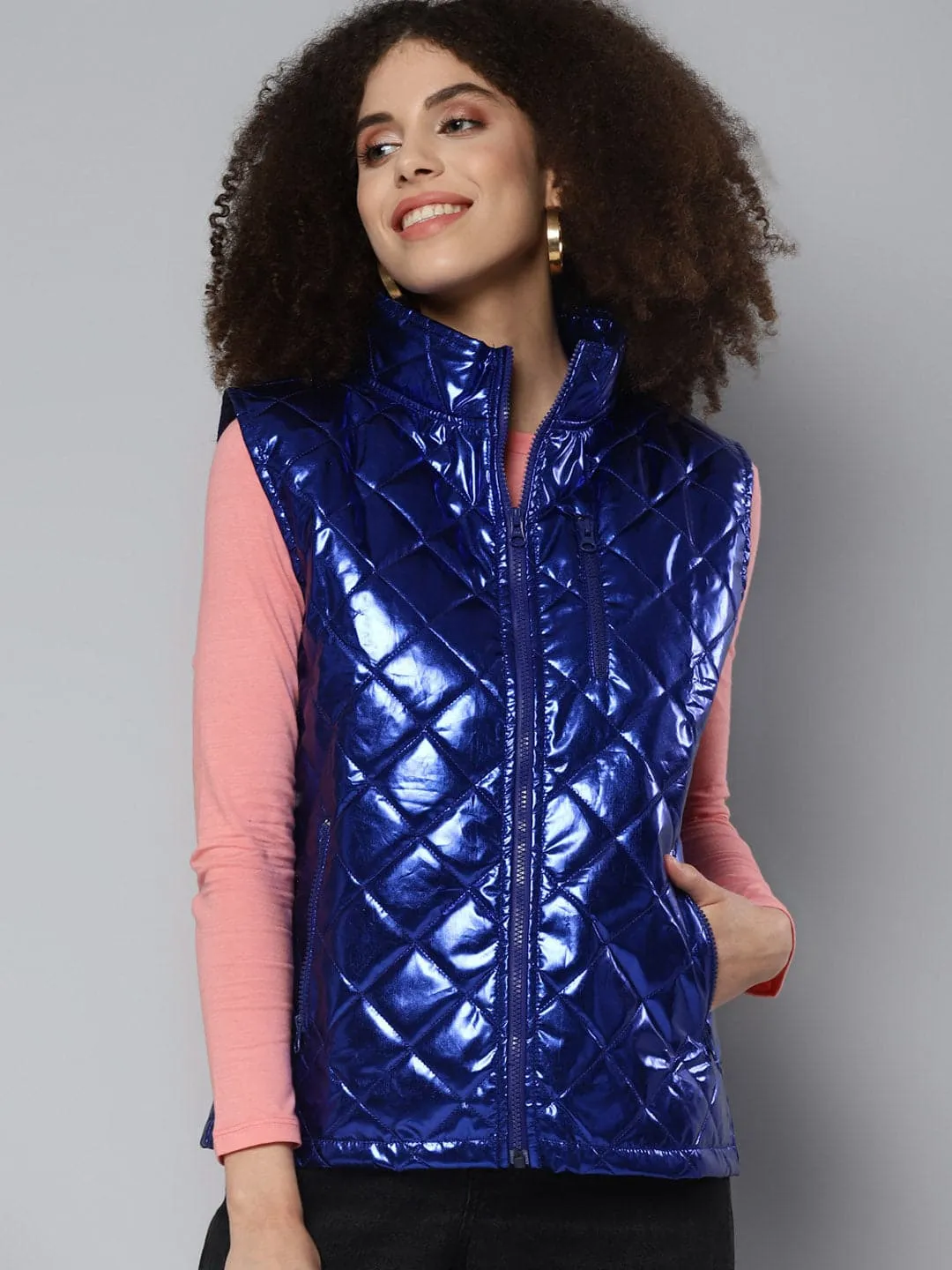 Women Blue Metallic Sleeveless Puffer Jacket