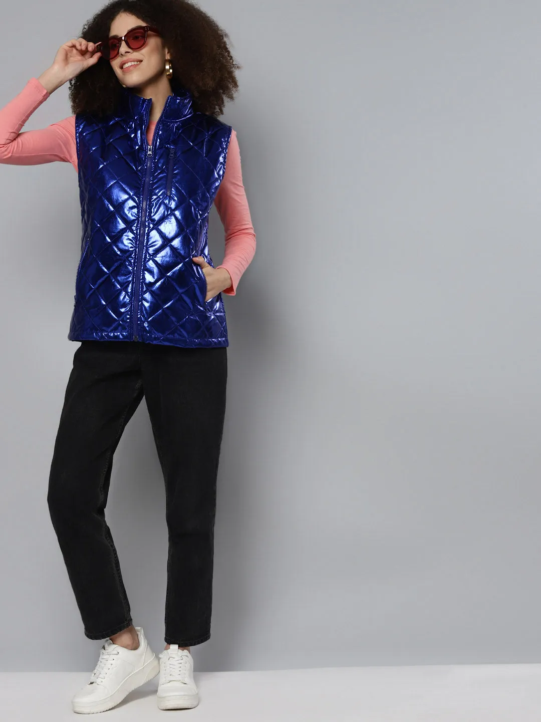 Women Blue Metallic Sleeveless Puffer Jacket
