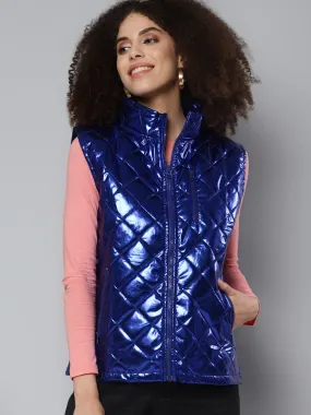Women Blue Metallic Sleeveless Puffer Jacket
