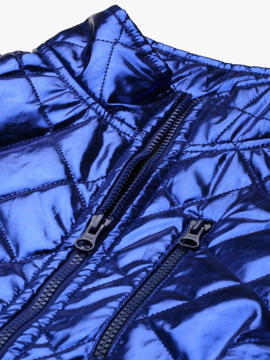 Women Blue Metallic Sleeveless Puffer Jacket