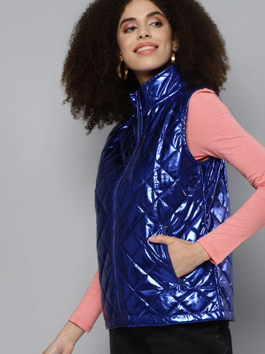 Women Blue Metallic Sleeveless Puffer Jacket