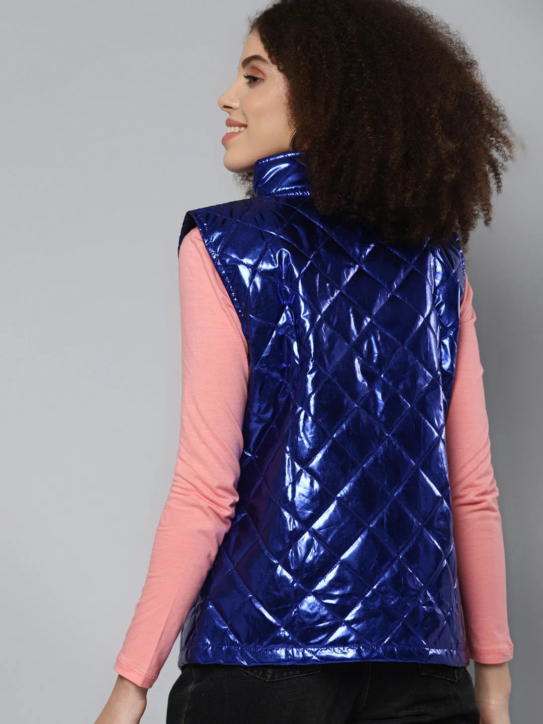 Women Blue Metallic Sleeveless Puffer Jacket