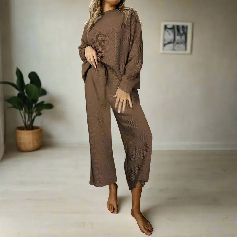 Women's Casual Textured Solid Color Loose Thick Long Sleeved Sweatshirt and Pants Two-piece Outfit Set