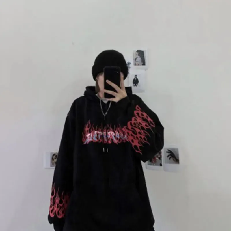 Y2K Retro Flame Print Oversized Hoodies